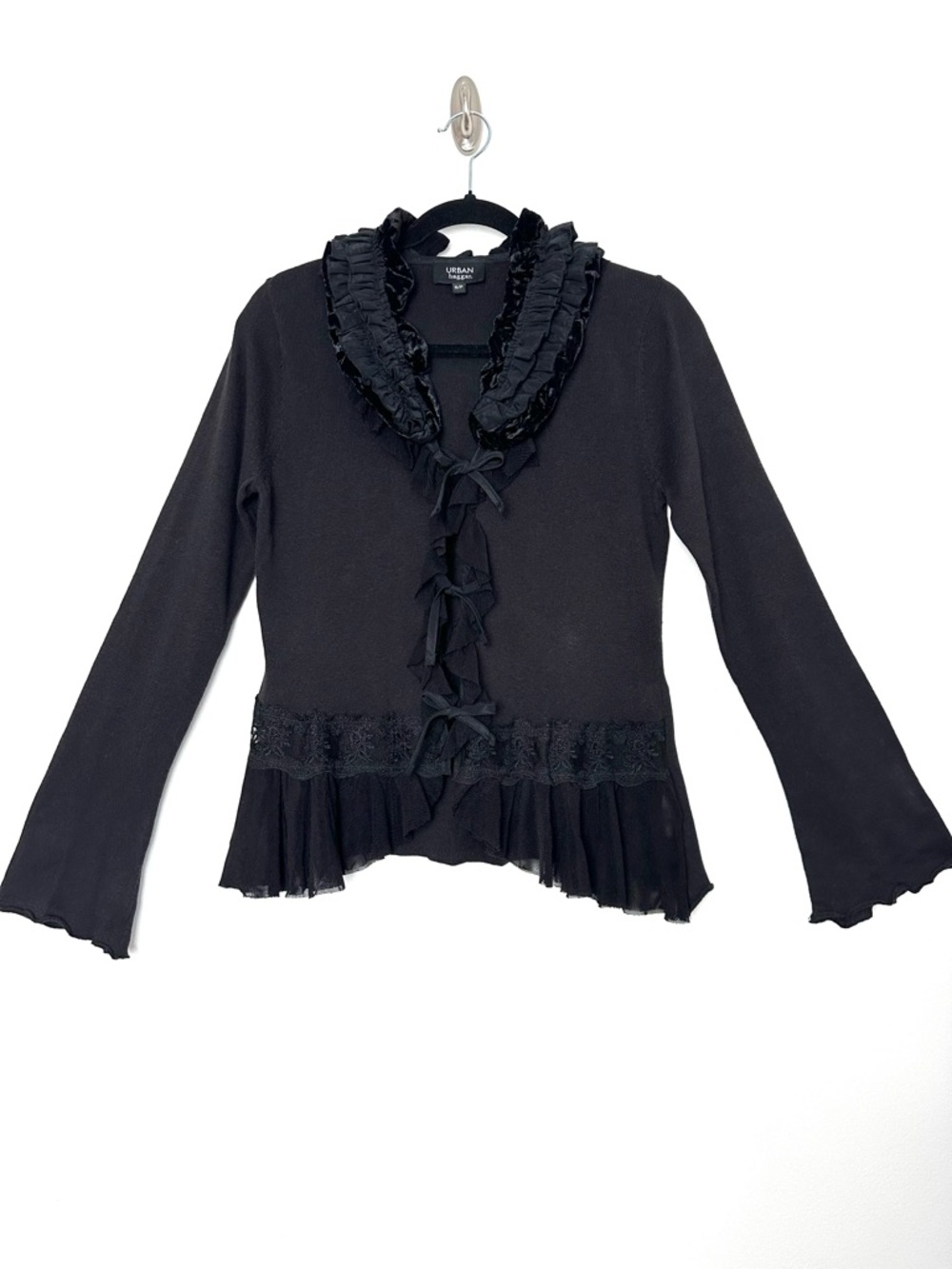 Y2K Whimsigoth Black Velvet Ruffle Lace Tie Cardigan Witchy Vampirecore Baddie